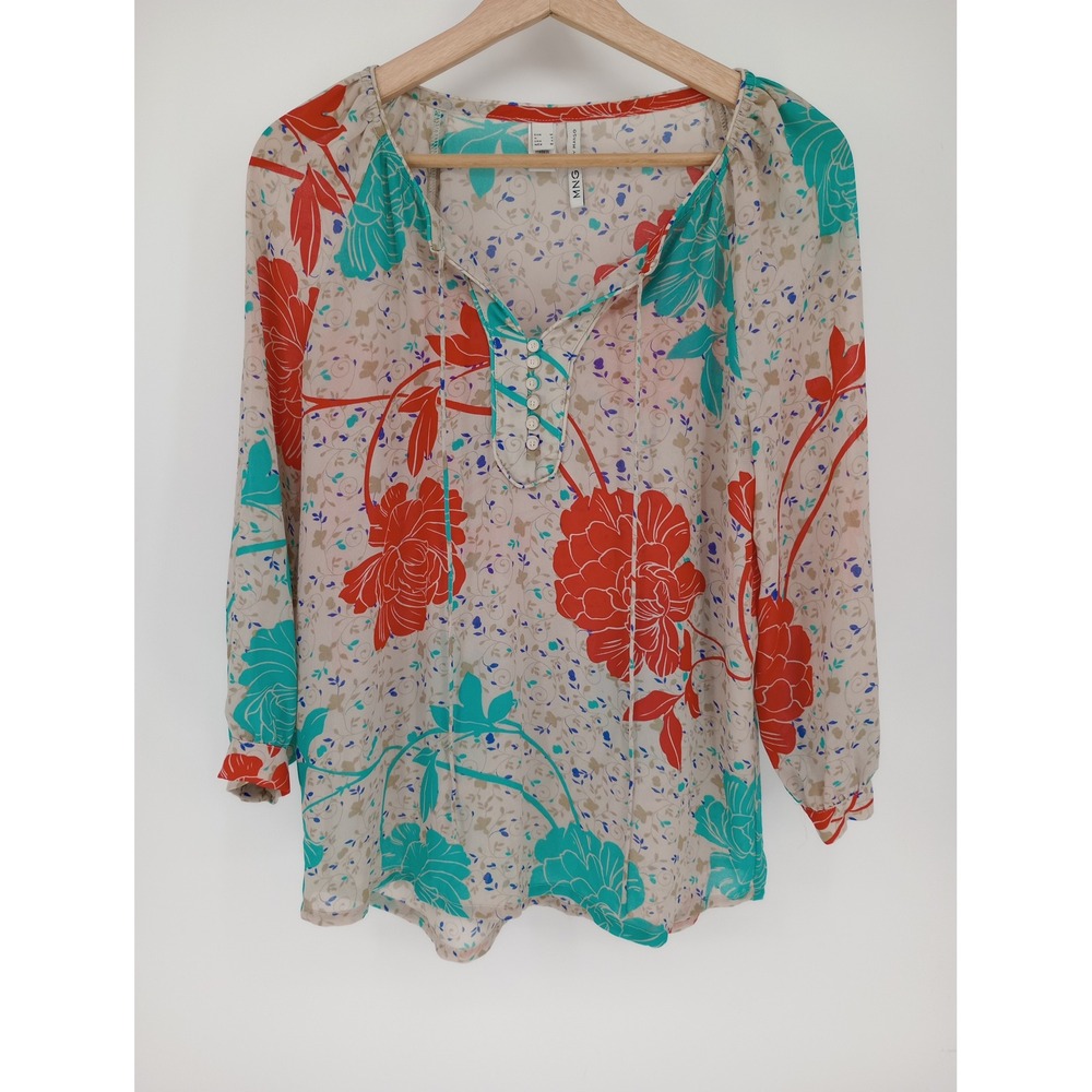 MNG by Mango‎ Chiffon Floral Blouse Womens Size 6 Orange Teal Boho Button Front